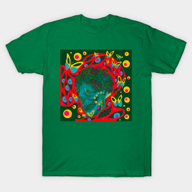skeleton flower of the death ecopop in buttefly homunculus mexican green art T-Shirt by jorge_lebeau